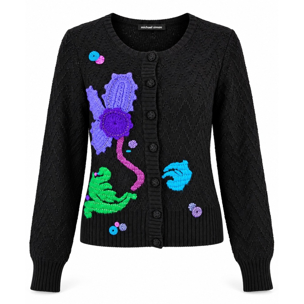 Michael Simon Black Crochet Applique Cardigan Sweater Silk Cotton Size L